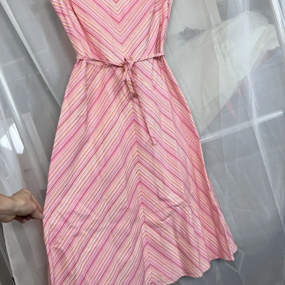 London Times striped midi dress size 4 waist tie preppy classic feminine pink - Picture 6 of 12